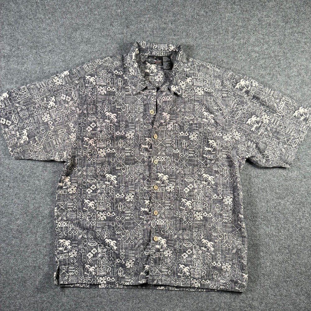 OP Sport Button Down Shirt Mens Medium Gray Tribal Tropical Palm Tree Cotton S/S
